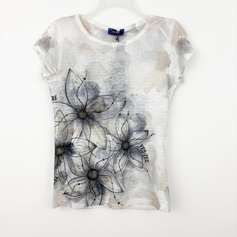 NWT Yes Zee Short Sleeve‎ Floral T-shirt Size S Round Neck Semi-sheer Casual
